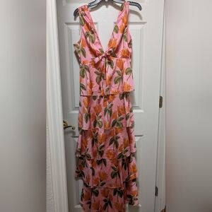 NWT L'atiste Pink Floral Print Satin Tiered Maxi Dress Size Medium Ruffle Palm